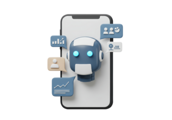 Isolated futuristic chatbot robot on a smartphone, generative AI conversational assistance