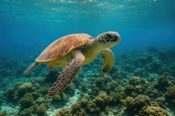 Obraz premium Underwater Turtle's Journey: A magnificent sea turtle gracefully glides through the crystal-clear ocean waters, showcasing its intricate shell and the vibrant coral reef ecosystem it calls home.