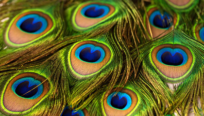 Fototapeta premium Close-Up of Vibrant Peacock Feathers with Green and Blue Hues