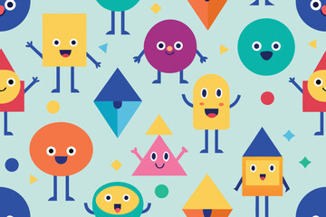 Whimsical Seamless Pattern of Colorful Geometric Shapes with Faces on Light Green Background Design