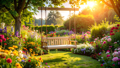 Fototapeta premium Wooden Swing Bench in a Vibrant Summer Garden at Sunset