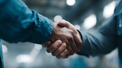 Business partnership handshake between engineers and investors in factory
