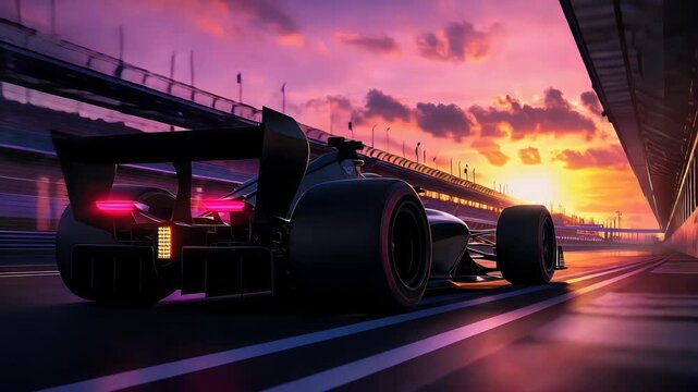 Dramatic sunset illuminates high performance racing car speeding through racetrack tunnel black car vibrant colors