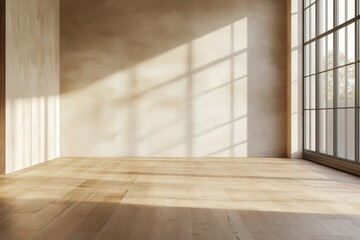 Fototapeta premium An empty room bathed in warm sunlight, showcasing a light beige wall, wooden floors, and large windows.