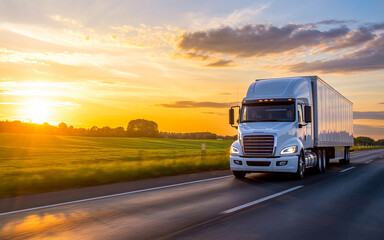 Obraz premium White semi truck driving on highway at sunset