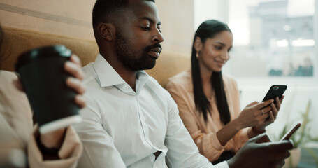 Phone, typing and waiting room with business man at interview for human resources appointment. App, job opportunity and text message with employee people in lobby of corporate company for vacancy