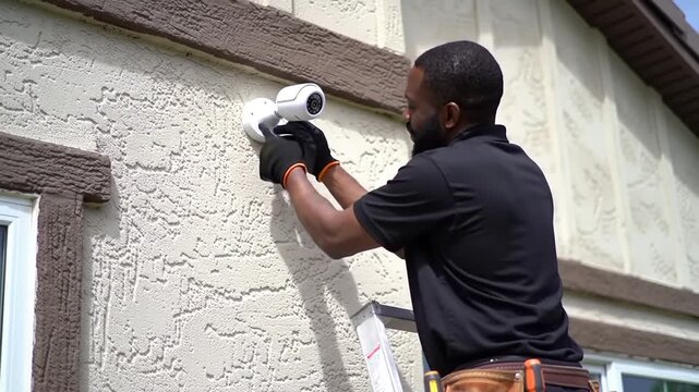 African American Man Installing White Security Camera on Beige House Exterior