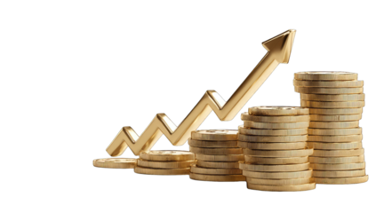 Gold coins with upward trend graphic