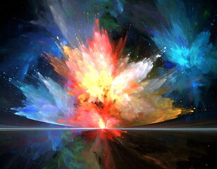Obraz premium An abstract digital illustration of a colorful cosmic explosion with a bright, fiery core, radiating outward in a burst of red, blue, and yellow particles against a dark, reflective surface
