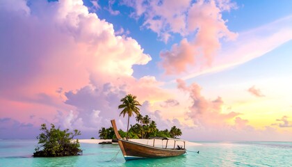 A serene image of a small wooden boat moored in the calm turquoise water of a tropical lagoon, with a palm-covered island in the background, all under a beautiful pastel-colored sunset sky with large