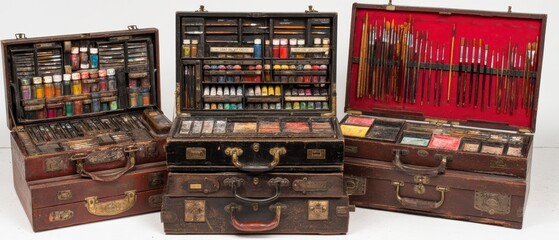 Vintage artist paint boxes filled with brushes, pigments, and art supplies are displayed open, revealing colorful and organized compartments