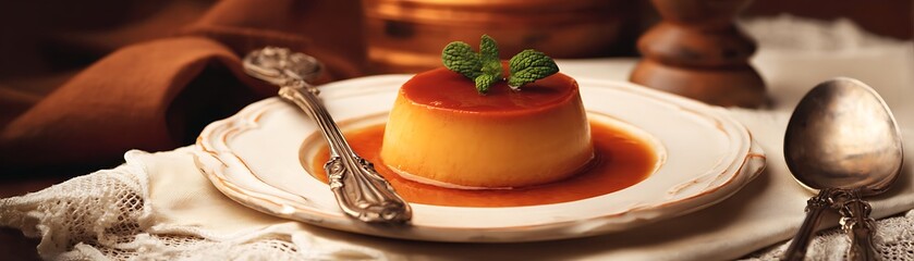 Creamy custard dessert with caramel sauce on a vintage plate.