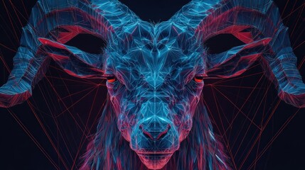 Naklejka premium Abstract low poly goat head illustration with vibrant blue and red colors on dark background