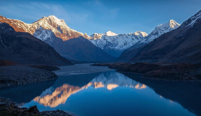 Tranquil Alpine Lake Reflection, A stunning and tranquil landscape of a majestic snow-capped mountain perfectly reflecting on the crystal-clear, turquoise water of a high-altitude alpine lake.