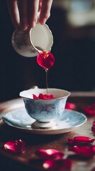 Liquid being poured over a rose petal into a delicate teacup.