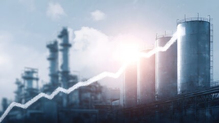 Industrial output increase depicted by data overlaying a factory scene with lighting