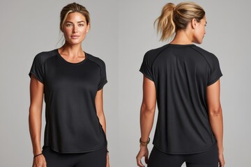 Woman modeling a plain black athletic t-shirt, shown from the front and back against a neutral background