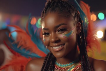 A smiling woman in colorful carnival attire with braided hair, glitter makeup, and vibrant feather decorations, enjoying a festive atmosphere at night