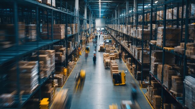 A large, busy warehouse with tall shelves stacked with boxes, forklifts, and workers moving quickly along the aisles