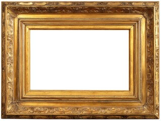 An ornate, empty golden picture frame with intricate detailing and a blank center, perfect for art or photo display