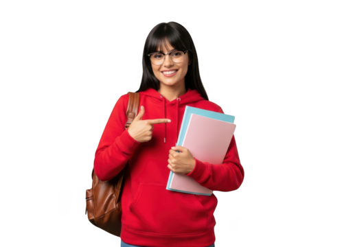 Young woman student with glasses and backpack holding books, smiling and pointing, isolated on transparent background - Powered by Adobe