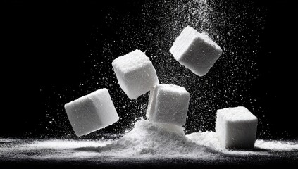Sugar cubes in mid-air, powdered sugar explosion
