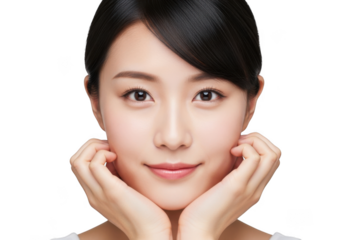 Beautiful young asian woman with perfect skin, touching her face gently, isolated on transparent background