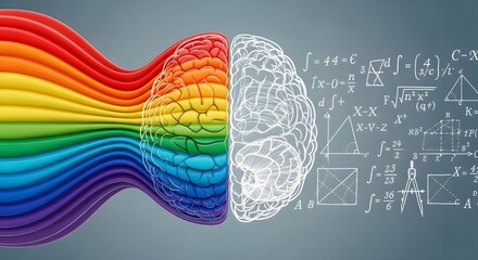 Creative and analytical minds visualized with colorful waves and mathematical symbols.