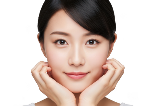 Beautiful young asian woman with perfect skin, touching her face gently, isolated on transparent background