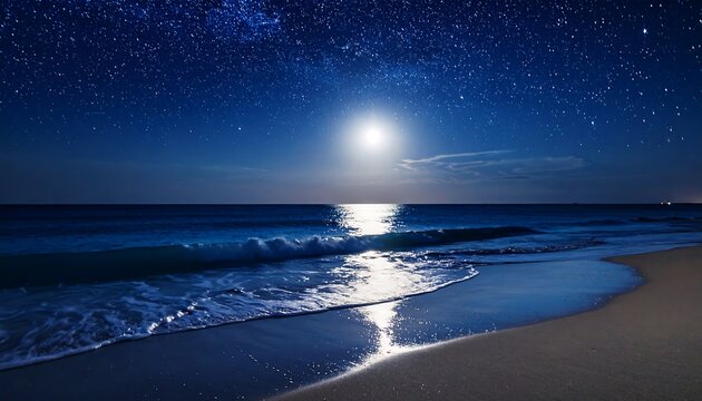 Night Ocean Beach Moonlit Starry Sky