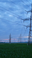 Power lines stretch across a green field at twilight, with silhouetted pylons against a serene sky, symbolizing sustainable energy and rural tranquility.
