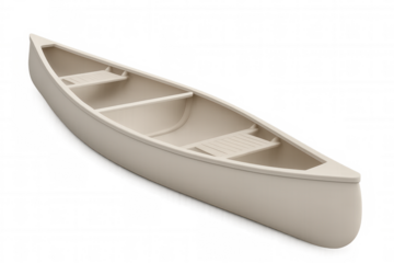 Beige canoe floating against transparent backdrop, rendering highlighting sleek watercraft design for outdoor recreation imagery
