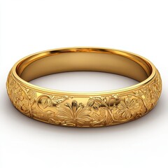 gold bangle with intricate floral engravings on podium background pure white background