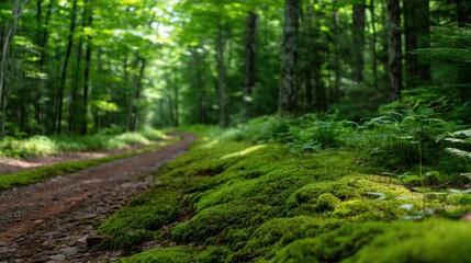 Fototapeta premium A lush green forest path with moss-covered ground, surrounded by tall trees and dappled sunlight filtering through the leaves
