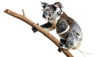 Gray Koala on Tree Branch Against White Background