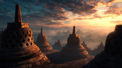 candi borobudur, background with sunrise light