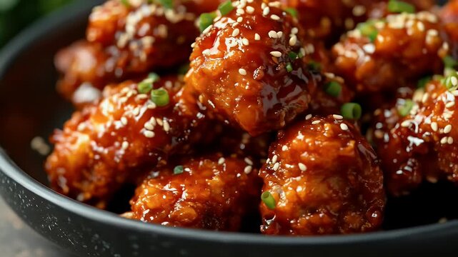 Honey glazed crispy chicken bites delicious food photography subject illuminated by warm light and glistening glaze crispy spicy and flavorful