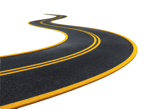 Winding two-lane asphalt road curves, yellow lines