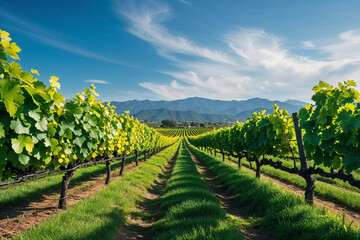 Obraz premium Lush green vineyard rows under a bright blue sky with wispy clouds grapes landscape