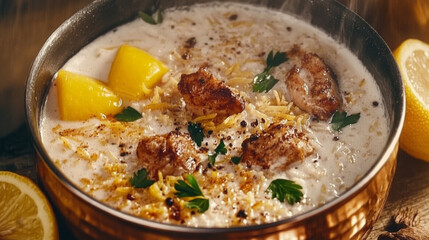 Hearty cream soup with chicken pieces. Garnished with lemon and herbs.