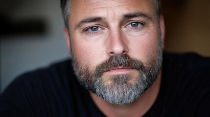 Obraz premium Portrait of an adult man with a beard, wearing a black shirt and showing a neutral expression