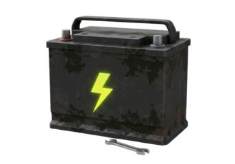 Isolated car battery with corrosion and wrench, symbolizing automotive maintenance needs