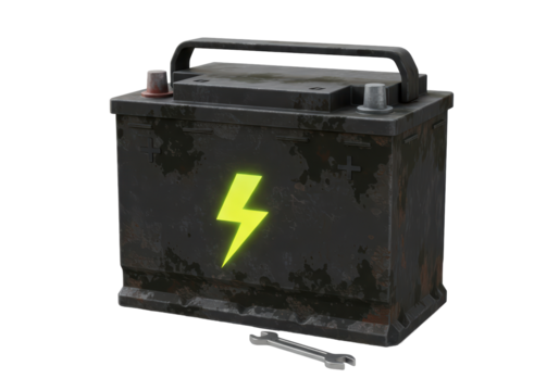 Isolated car battery with corrosion and wrench, symbolizing automotive maintenance needs