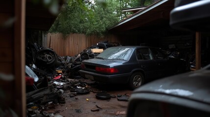 Overgrown Automotive Graveyard: A Dark and Overcast Scene of Abandoned Vehicles and Parts