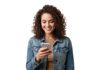 Young smiling woman with curly brown hair holding a smartphone and looking at the screen, isolated on transparent background