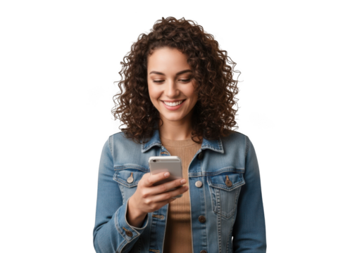 Young smiling woman with curly brown hair holding a smartphone and looking at the screen, isolated on transparent background