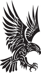 Obraz premium Black Tribal Style Eagle in Flight with Wings Spread on White Background bird raptor