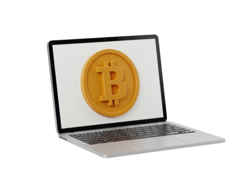 Isolated laptop showing a Bitcoin currency symbol for cryptocurrency and blockchain technology - Powered by Adobe