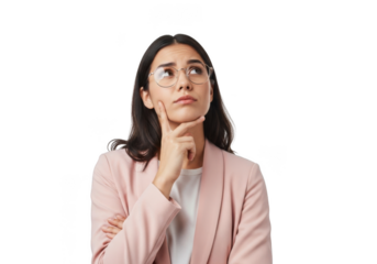 Young businesswoman with glasses thinking and pondering with her hand on her chin, isolated on transparent background