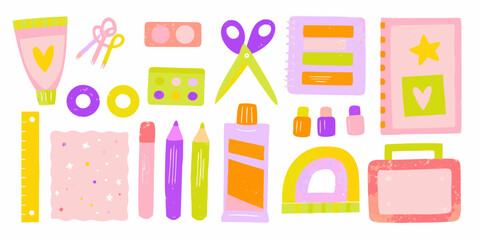 Cute and colorful stationery and art supplies arranged in a playful flat lay design